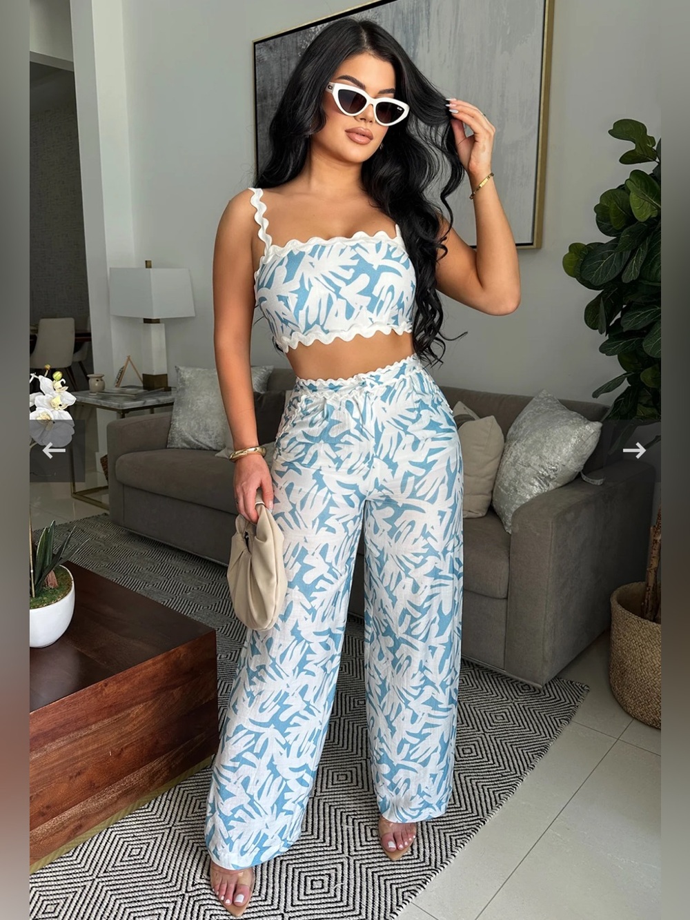 Light Blue & White Printed Two-Piece Wide-Leg Set Size S